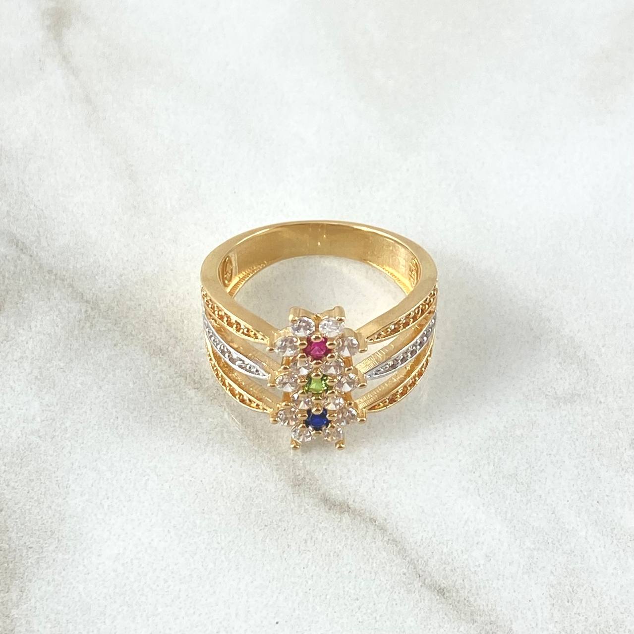 Trio Flower Ring Nevada 4.9gr / Size 6 / White Green Blue Fuchsia Zircons 18K Yellow Gold