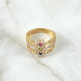 Trio Flower Ring Nevada 4.9gr / Size 6 / White Green Blue Fuchsia Zircons 18K Yellow Gold