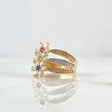 Trio Flower Ring Nevada 4.9gr / Size 6 / White Green Blue Fuchsia Zircons 18K Yellow Gold
