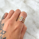 Trio Flower Ring Nevada 4.9gr / Size 6 / White Green Blue Fuchsia Zircons 18K Yellow Gold