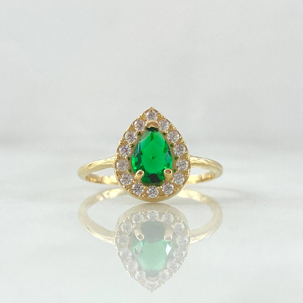 Anillo Solitario Halo Gota 2.2gr / T6 3/4 / Circones Blancos Verde Oro Amarillo 18K ©