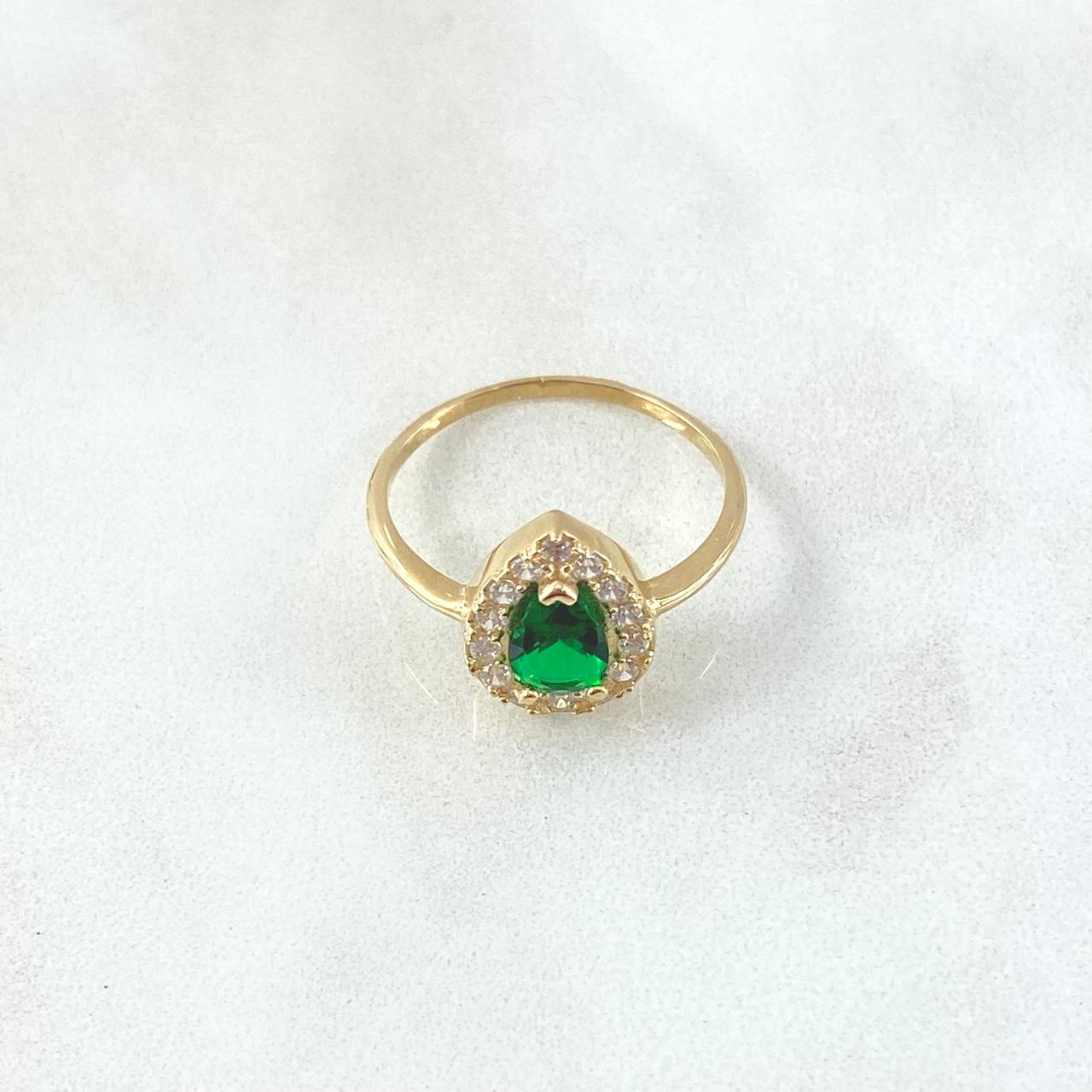 Anillo Solitario Halo Gota 2.2gr / T6 3/4 / Circones Blancos Verde Oro Amarillo 18K ©