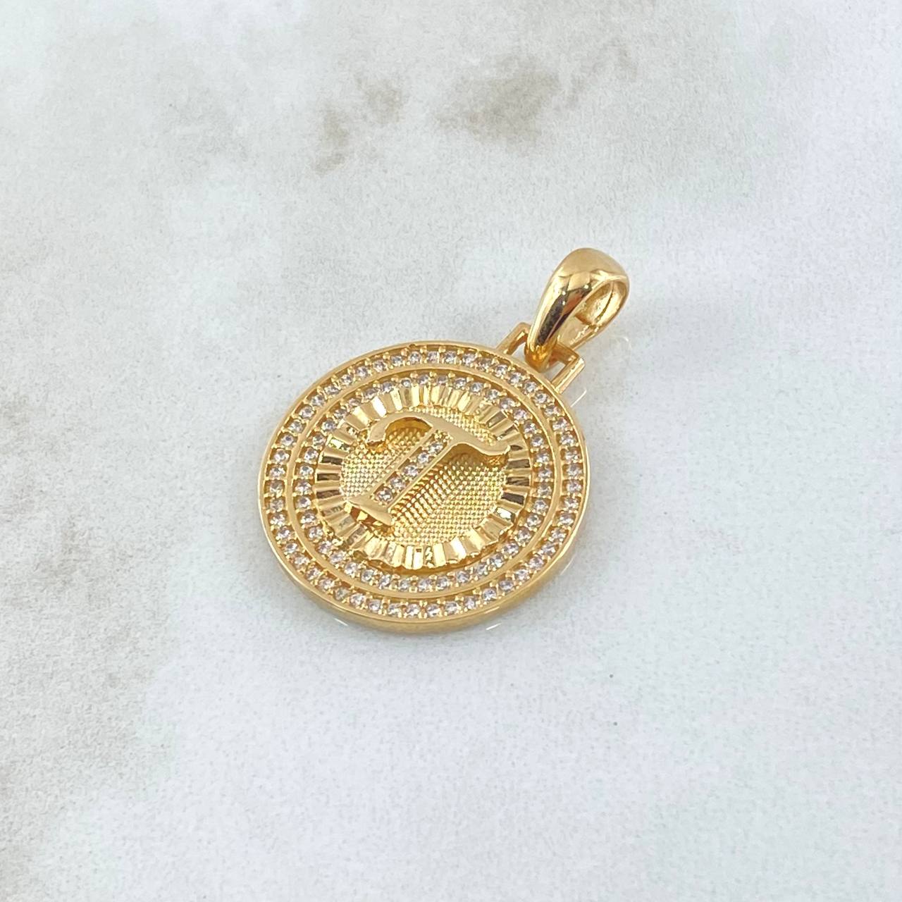 Dije Medalla Letra T 4.5gr / 3cm / Circones Blancos Oro Amarillo 18K