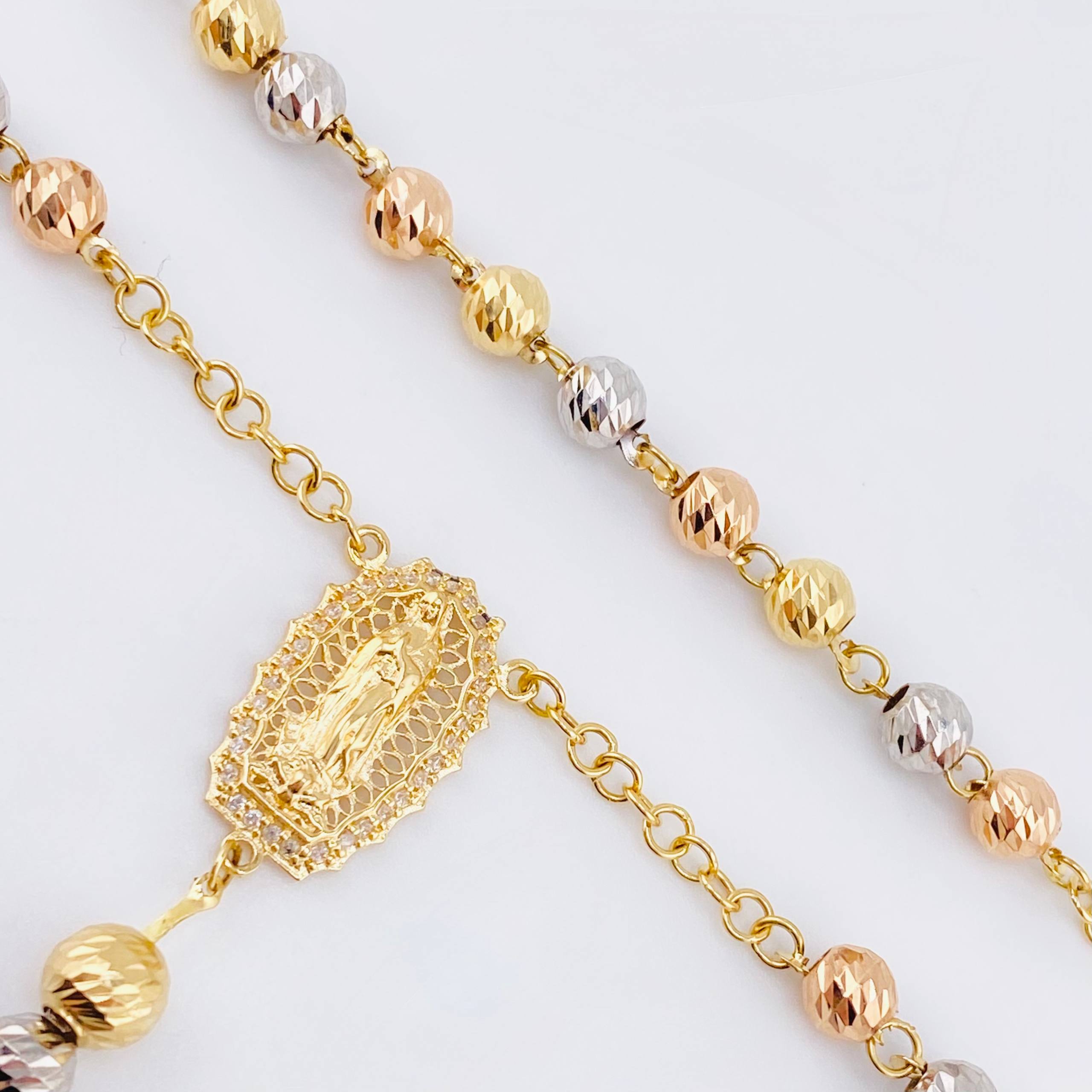 Rosary Virgin Guadalupe Christ Cross Bardera 18gr / 23 1/2 in / 6mm-5mm Three Golds 18K ©