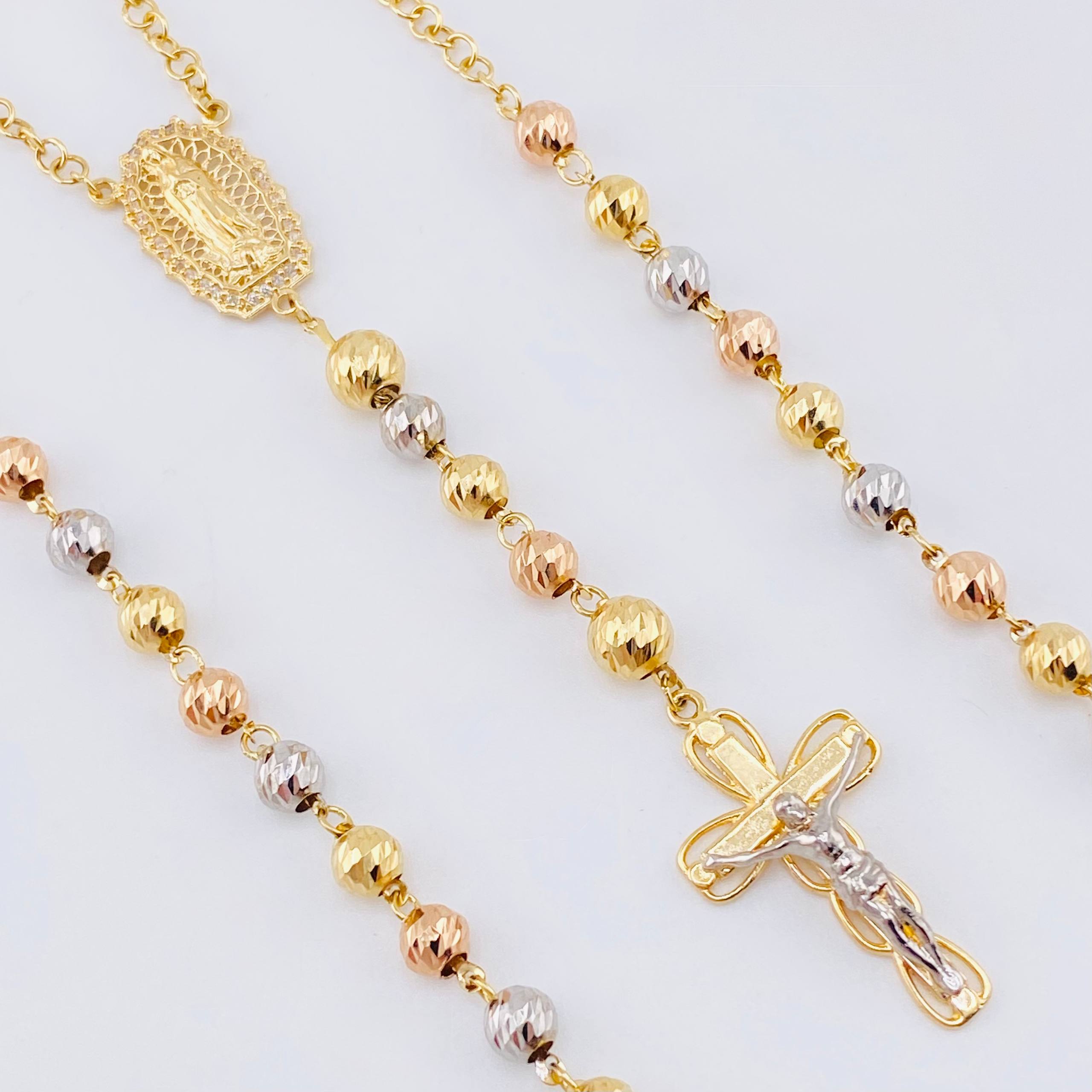 Rosary Virgin Guadalupe Christ Cross Bardera 18gr / 23 1/2 in / 6mm-5mm Three Golds 18K ©