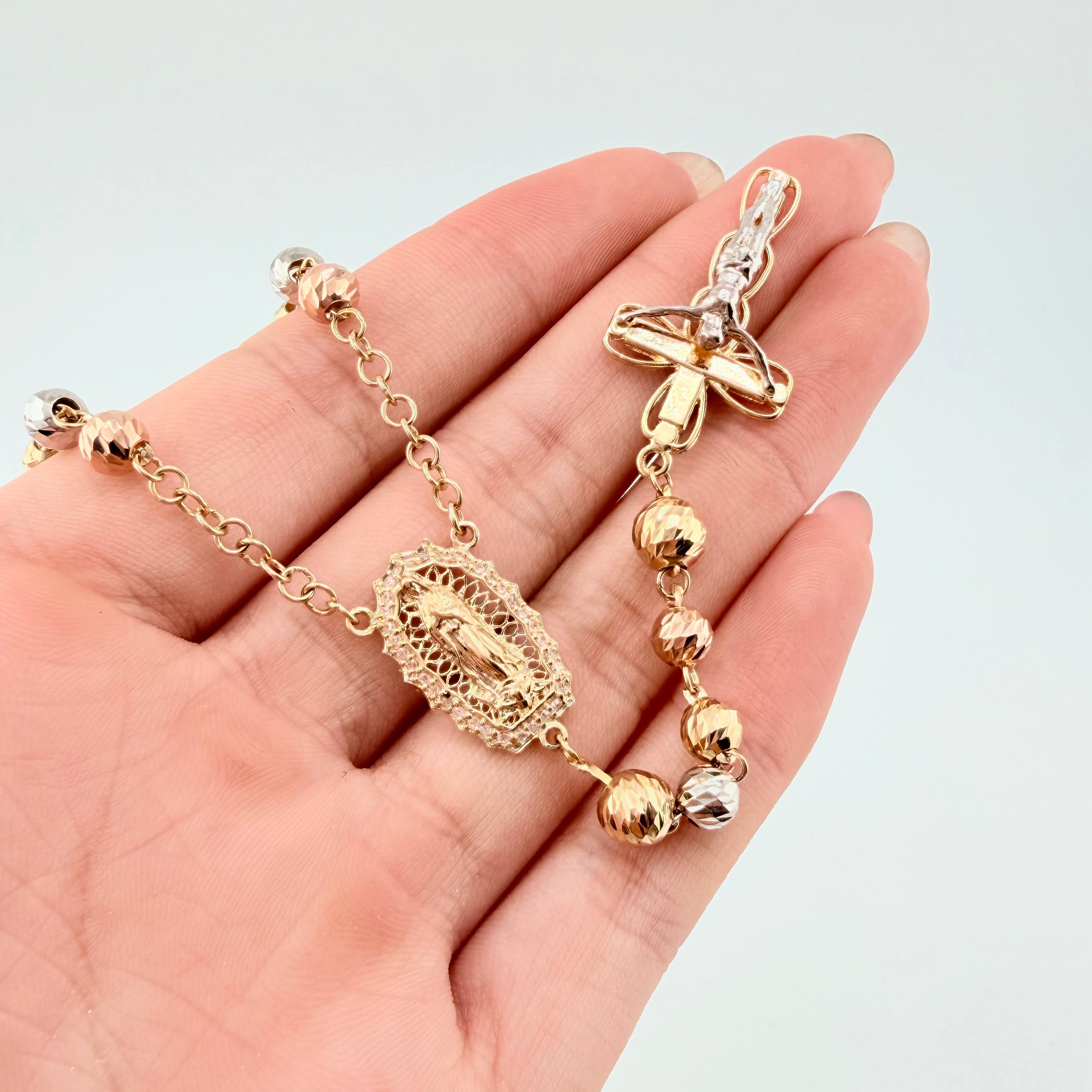 Rosary Virgin Guadalupe Christ Cross Bardera 18gr / 23 1/2 in / 6mm-5mm Three Golds 18K ©