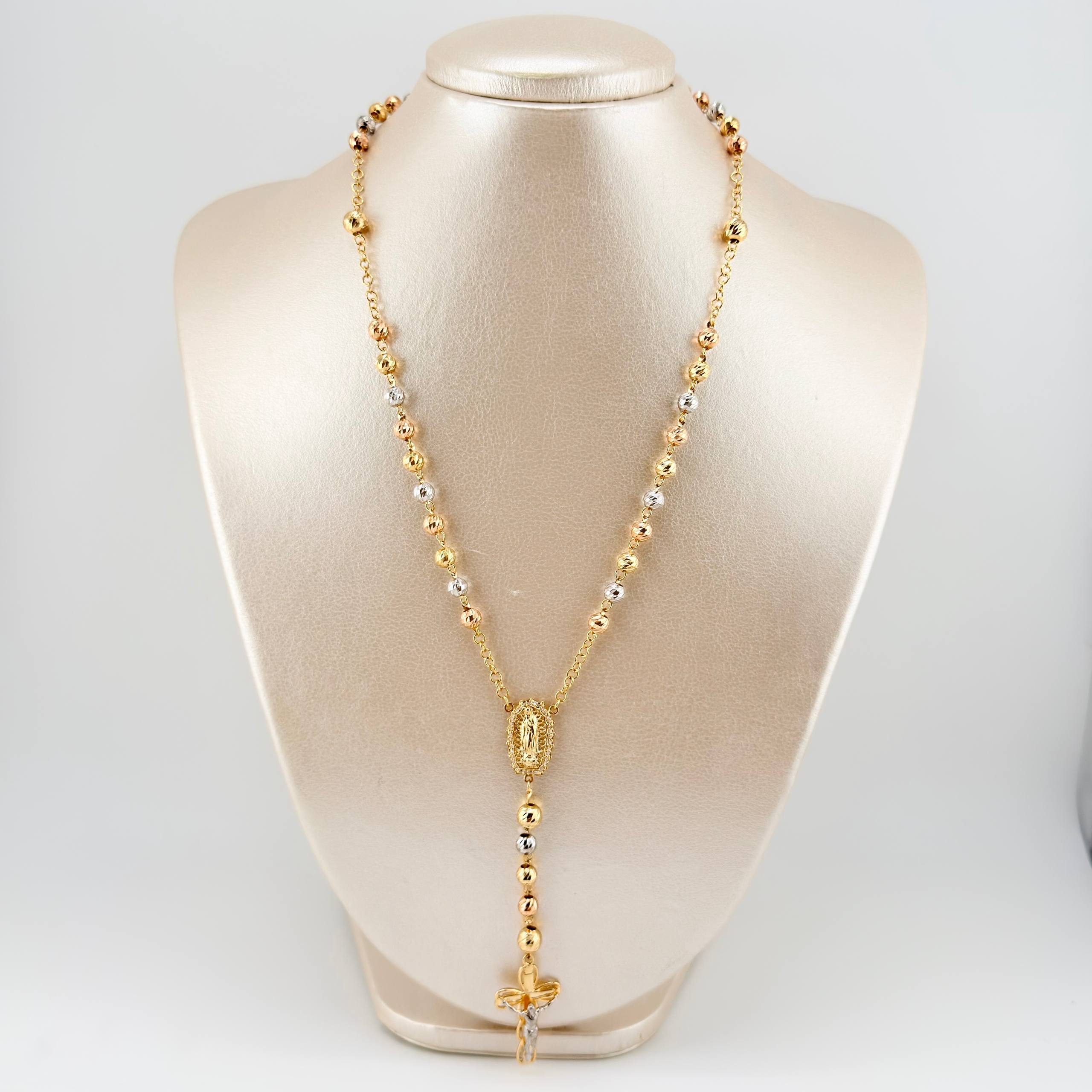 Rosary Virgin Guadalupe Christ Cross Bardera 18gr / 23 1/2 in / 6mm-5mm Three Golds 18K ©