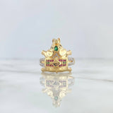Indian Elephant Ring 7.75gr / Size 9 1/4 / Green, Fuchsia, White, Black Zircons Two Yellows, White Gold *