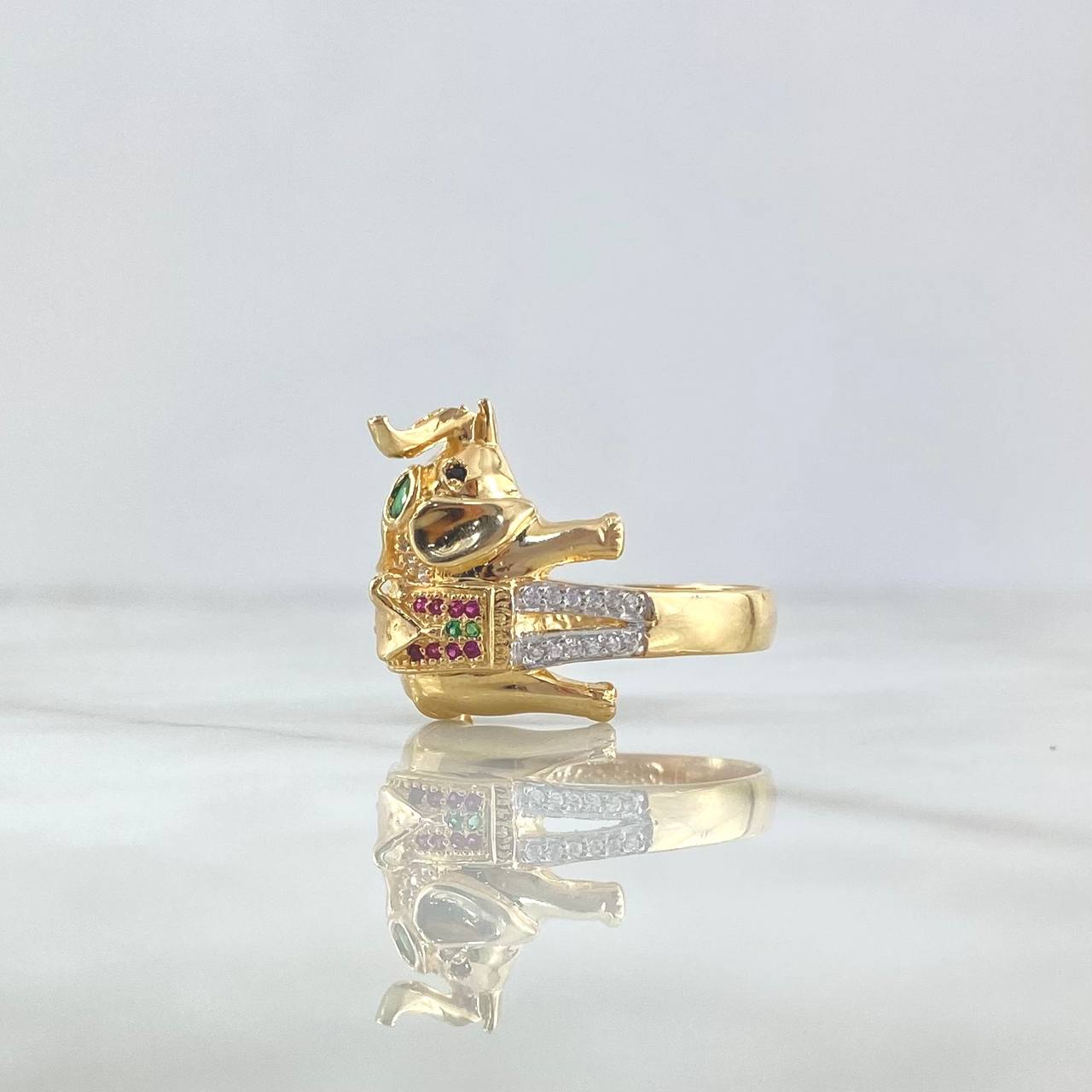 Indian Elephant Ring 7.75gr / Size 9 1/4 / Green, Fuchsia, White, Black Zircons Two Yellows, White Gold *