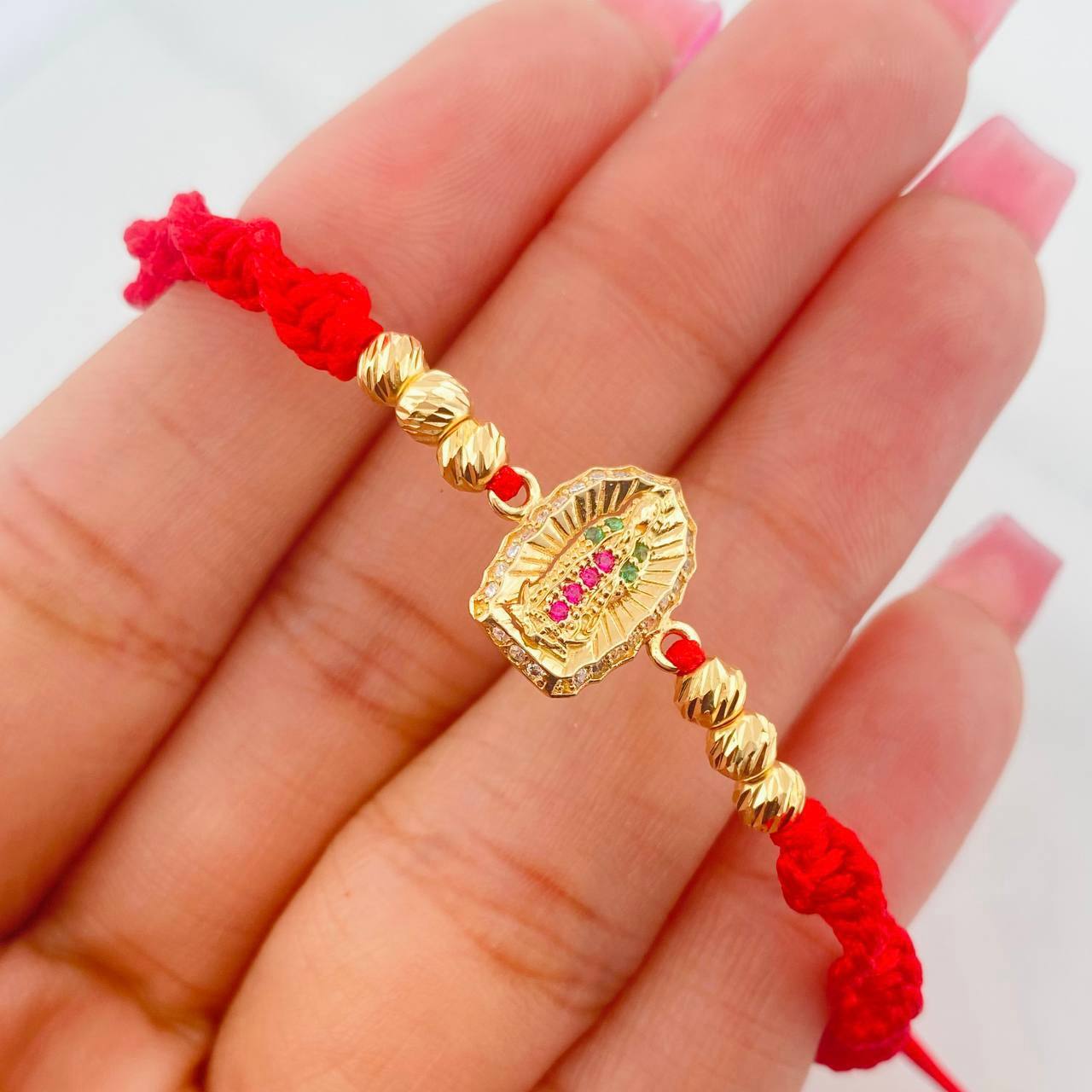 Red Woven Bracelet Virgin of Guadalupe Yellow Gold 18K