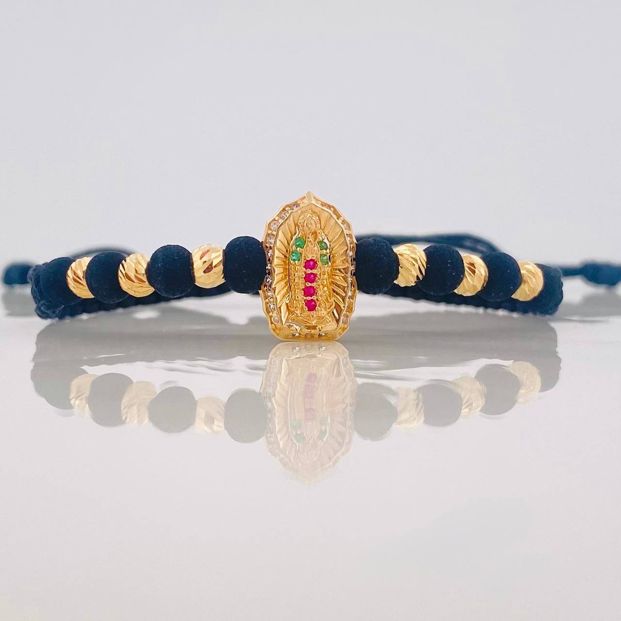 Pulsera Tejida Negra Virgen Guadalupe Oro Amarillo 18K