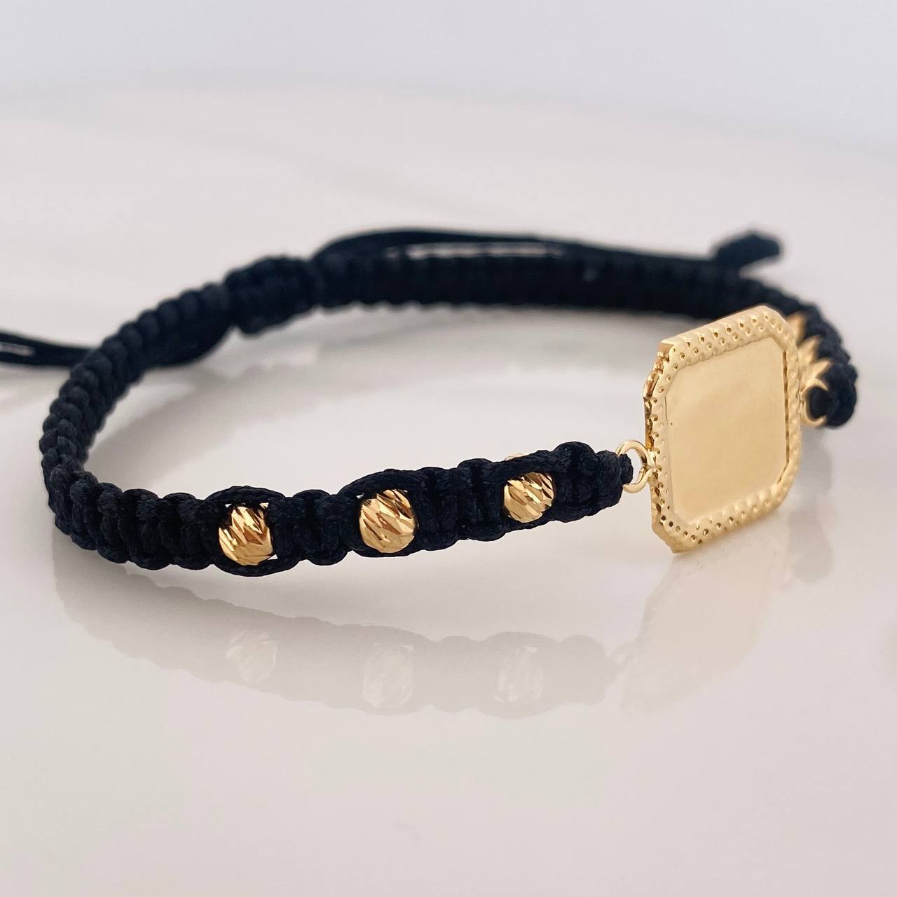 Black Woven Bracelet with Square Plate in 18K Yellow Gold