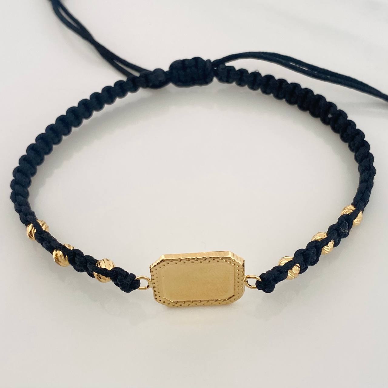 Black Woven Bracelet with Square Plate in 18K Yellow Gold