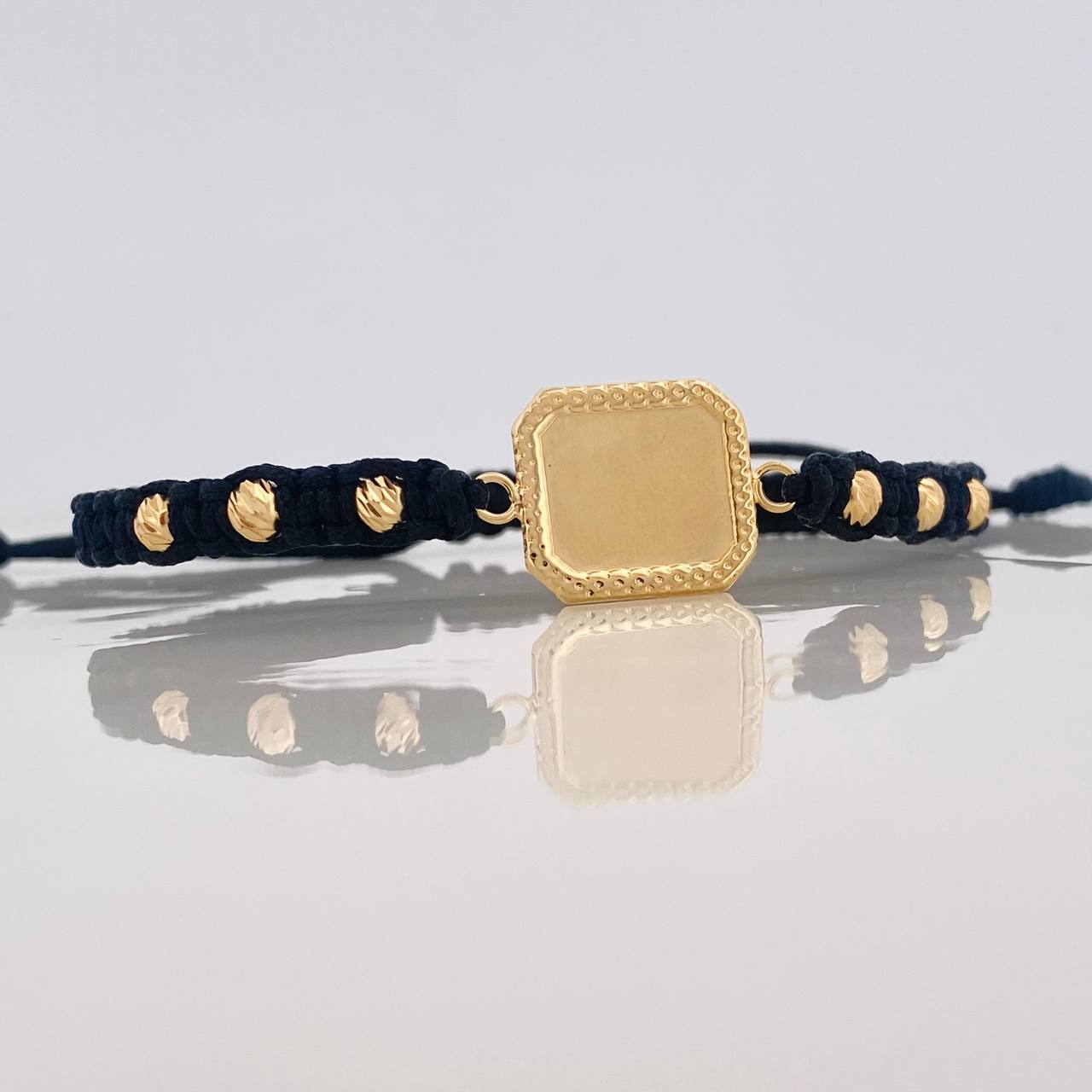 Black Woven Bracelet with Square Plate in 18K Yellow Gold