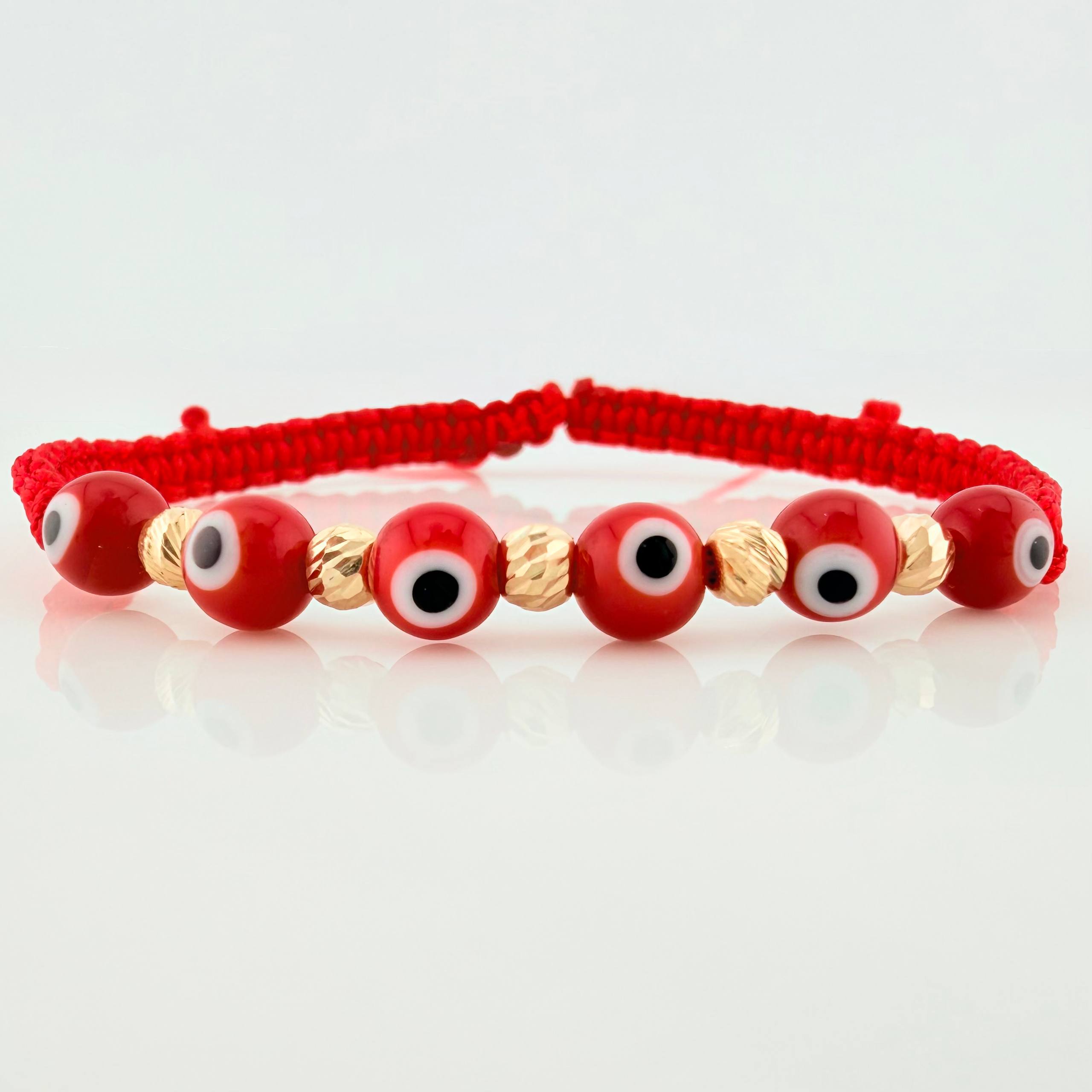Red Woven Bracelet Turkish Eyes Diamond Cut Beads 5Pcs Yellow Gold 18K