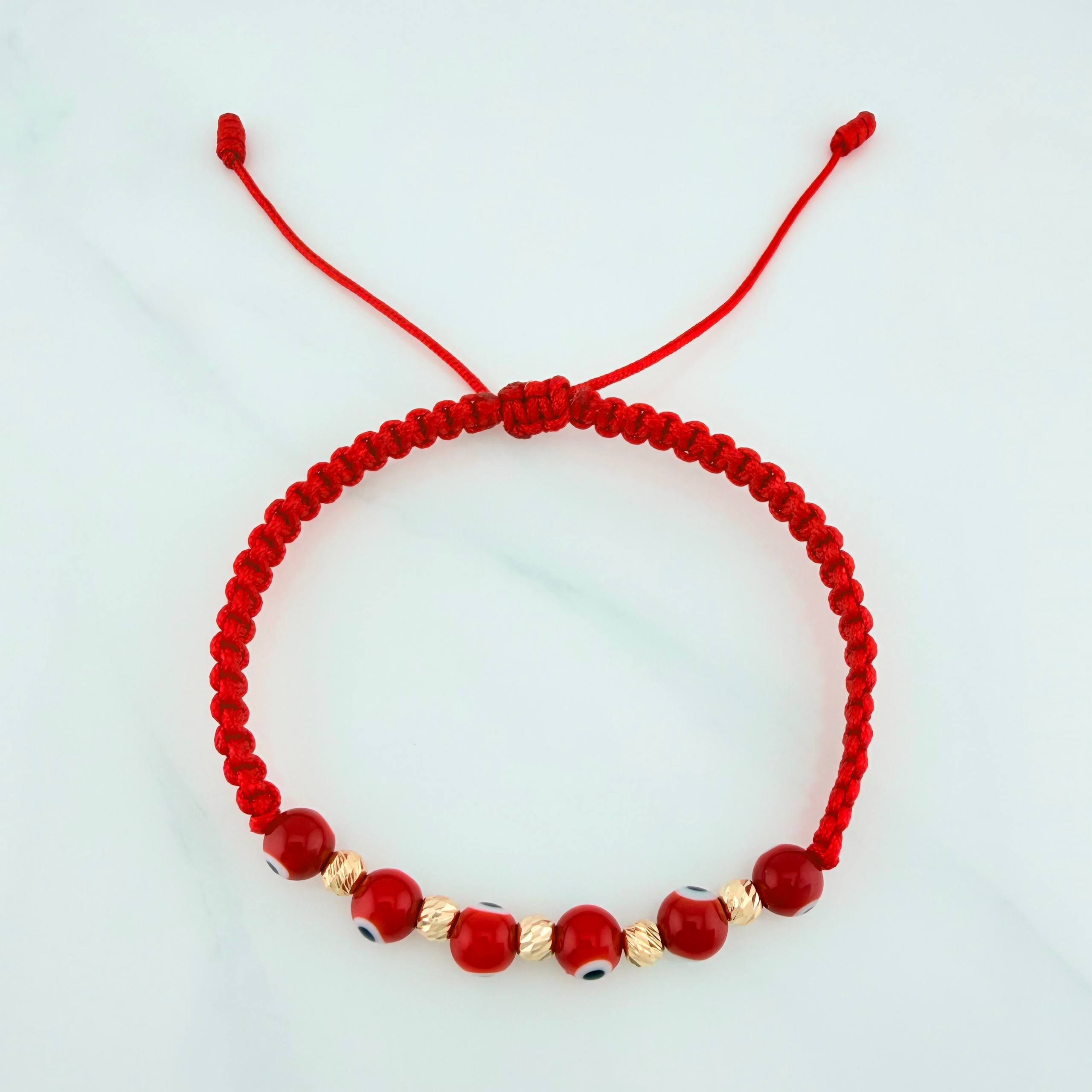 Red Woven Bracelet Turkish Eyes Diamond Cut Beads 5Pcs Yellow Gold 18K