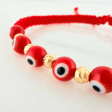 Red Woven Bracelet Turkish Eyes Diamond Cut Beads 5Pcs Yellow Gold 18K