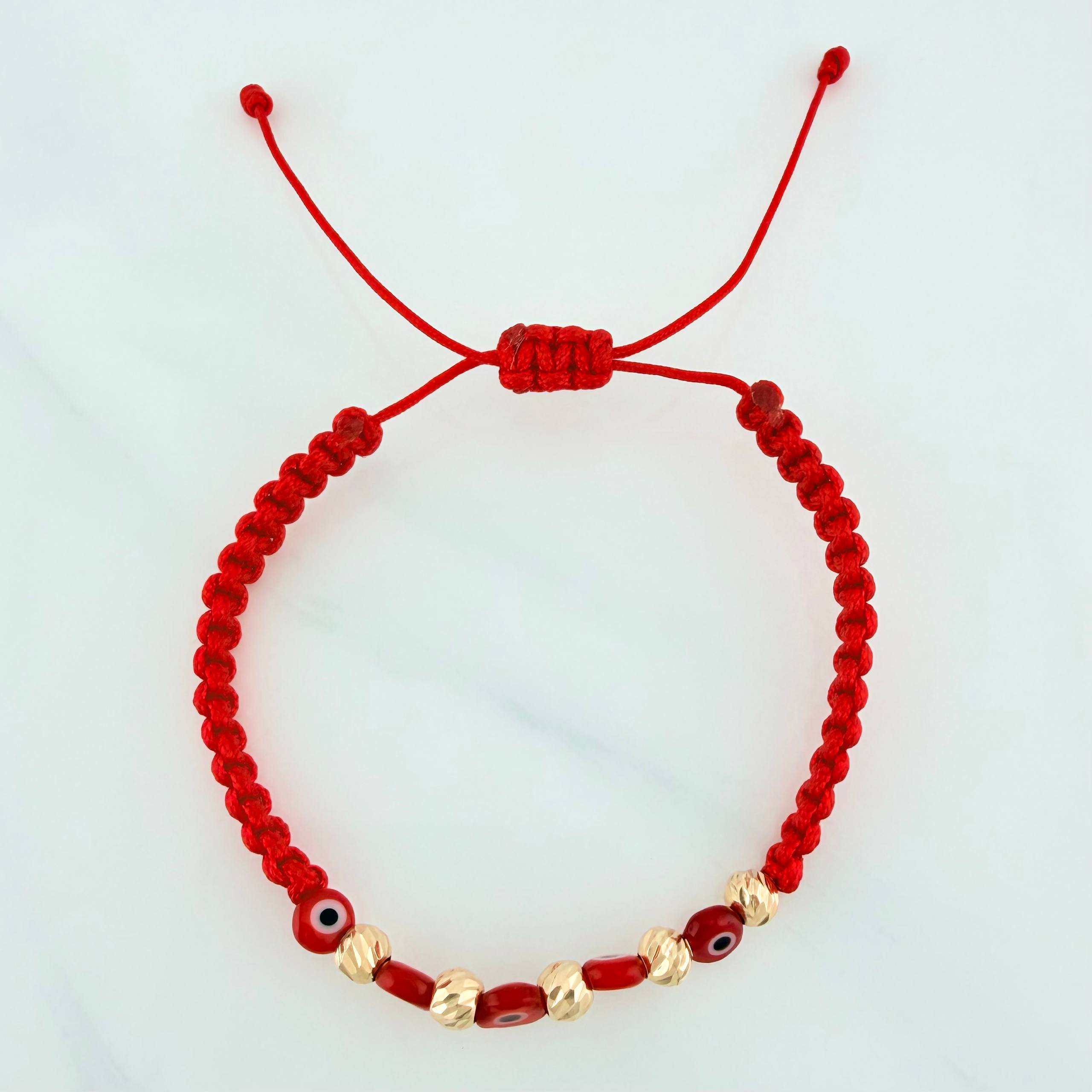 Red Woven Bracelet Turkish Eyes Diamond Cut Beads 5Pcs Yellow Gold 18K