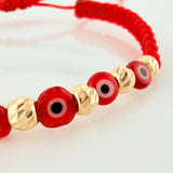 Red Woven Bracelet Turkish Eyes Diamond Cut Beads 5Pcs Yellow Gold 18K