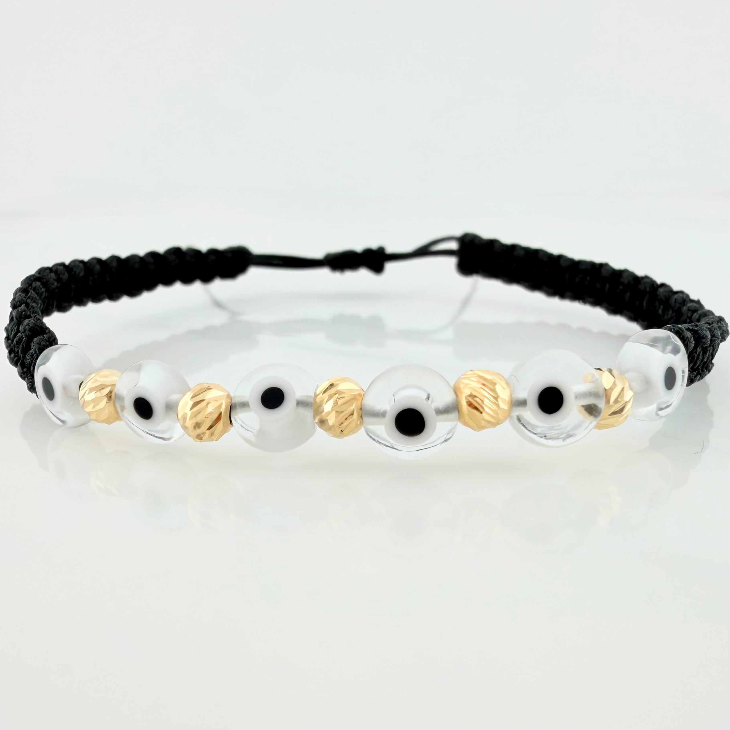 Black Woven Bracelet White Turkish Eyes Diamond Cut Beads 5pcs Yellow Gold 18K