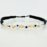 Black Woven Bracelet White Turkish Eyes Diamond Cut Beads 5pcs Yellow Gold 18K
