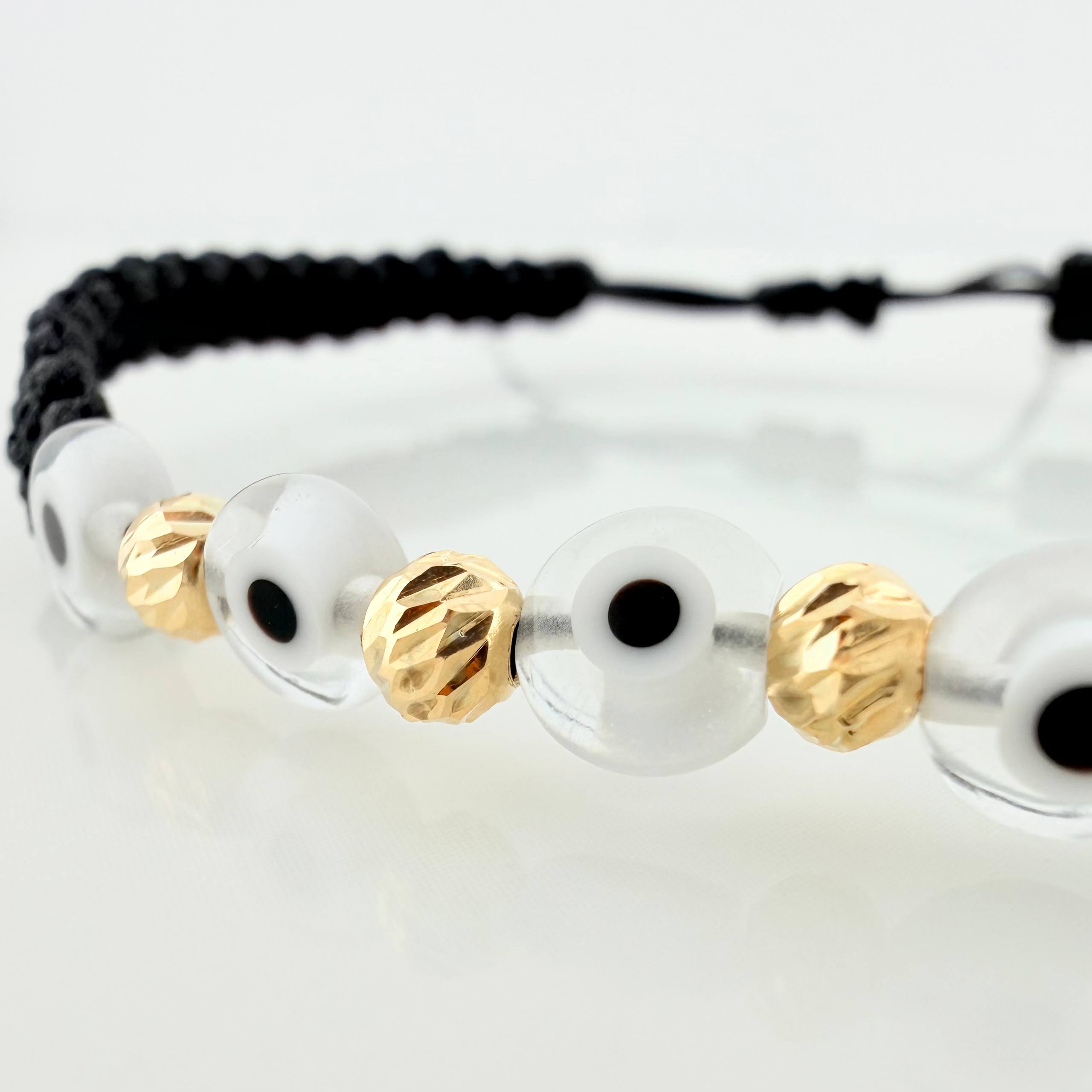 Black Woven Bracelet White Turkish Eyes Diamond Cut Beads 5pcs Yellow Gold 18K