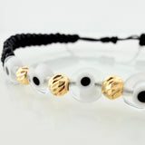 Black Woven Bracelet White Turkish Eyes Diamond Cut Beads 5pcs Yellow Gold 18K