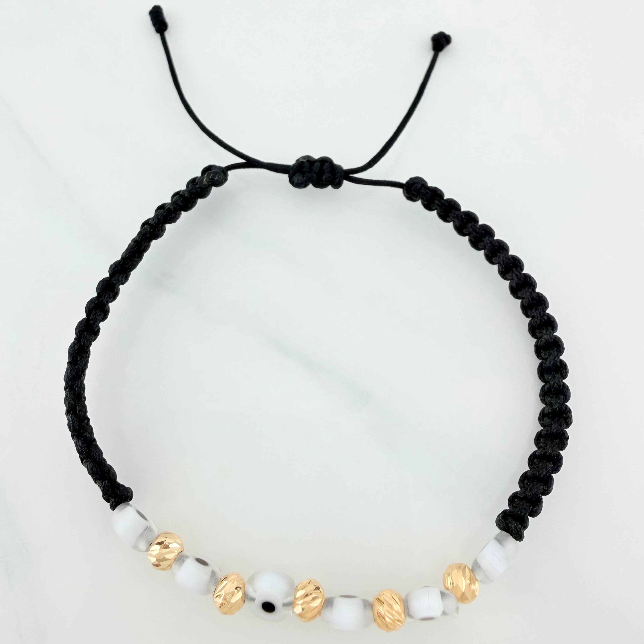Black Woven Bracelet White Turkish Eyes Diamond Cut Beads 5pcs Yellow Gold 18K