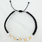 Black Woven Bracelet White Turkish Eyes Diamond Cut Beads 5pcs Yellow Gold 18K