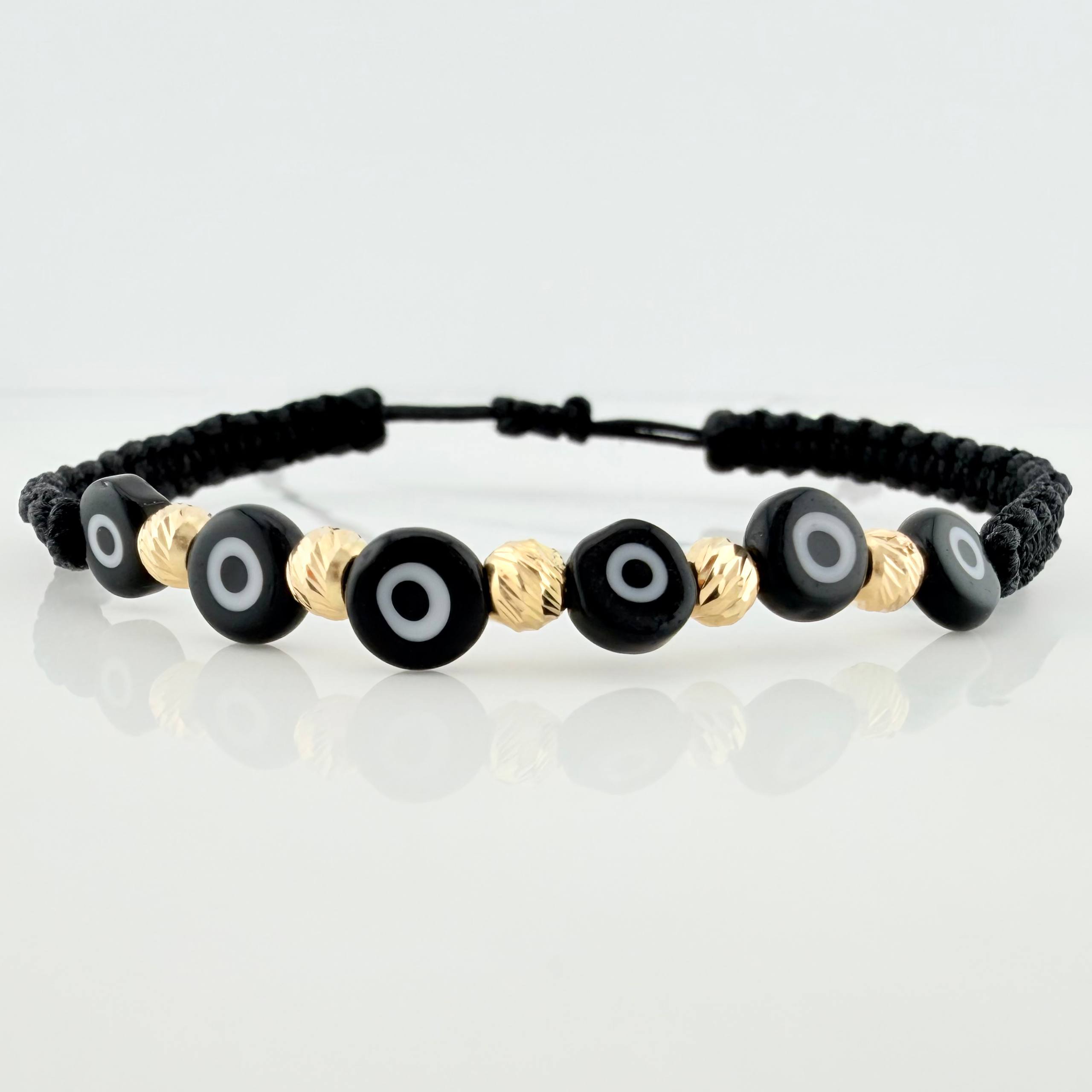 Black Woven Bracelet Black Turkish Eyes Diamond Cut Beads 5Pcs 18K Yellow Gold