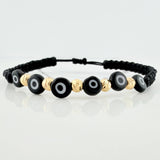 Black Woven Bracelet Black Turkish Eyes Diamond Cut Beads 5Pcs 18K Yellow Gold
