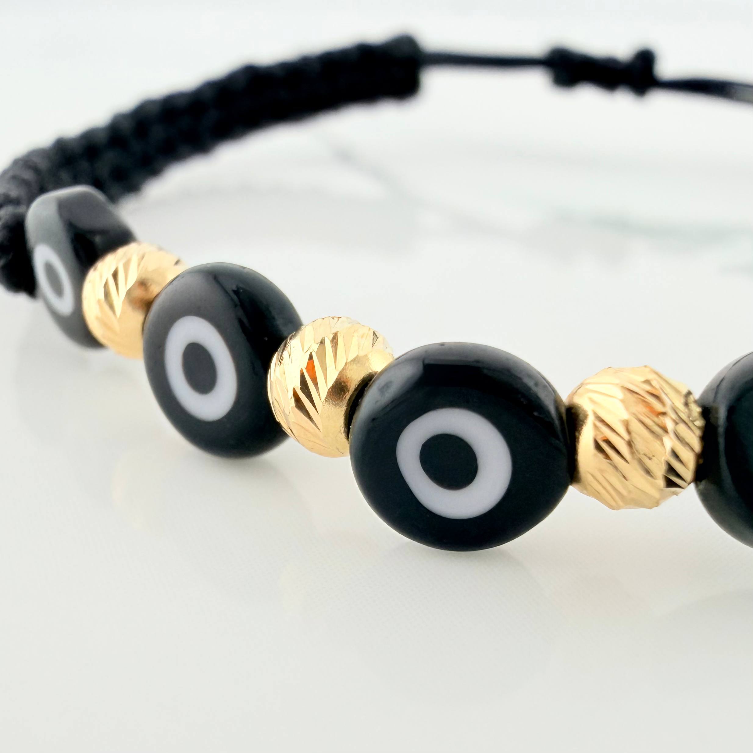 Black Woven Bracelet Black Turkish Eyes Diamond Cut Beads 5Pcs 18K Yellow Gold