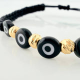 Black Woven Bracelet Black Turkish Eyes Diamond Cut Beads 5Pcs 18K Yellow Gold