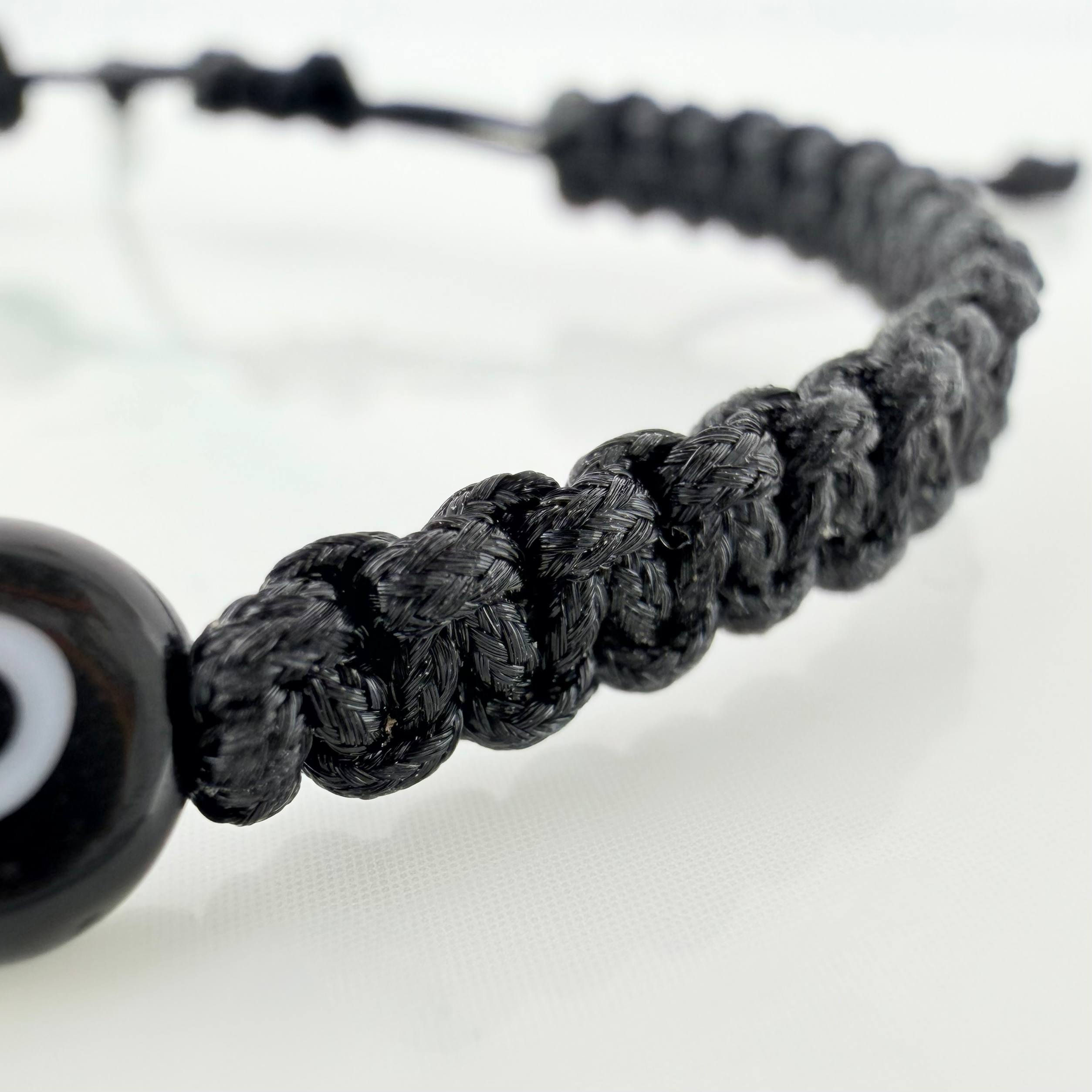 Black Woven Bracelet Black Turkish Eyes Diamond Cut Beads 5Pcs 18K Yellow Gold