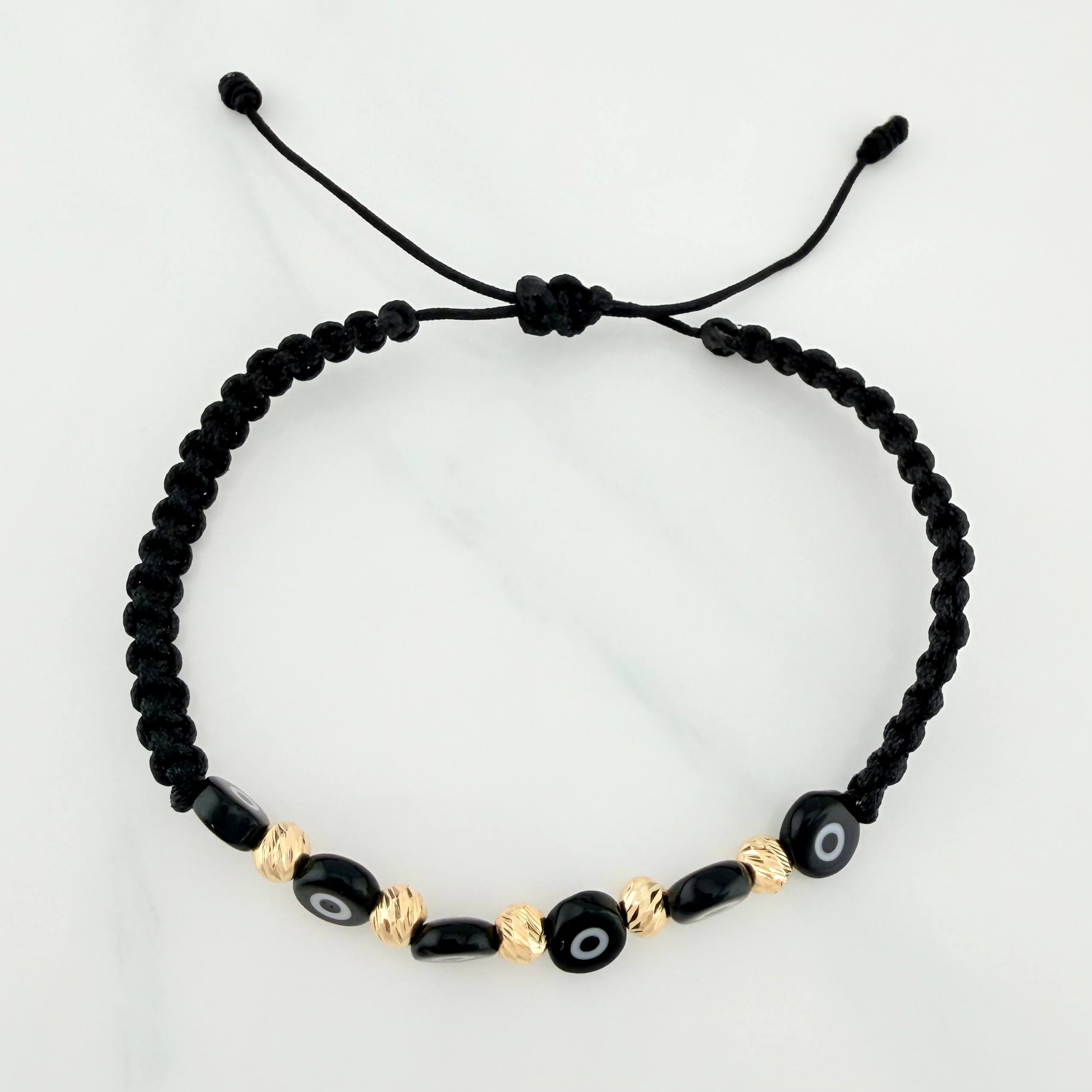 Black Woven Bracelet Black Turkish Eyes Diamond Cut Beads 5Pcs 18K Yellow Gold