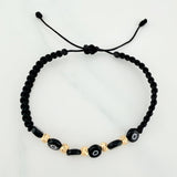 Black Woven Bracelet Black Turkish Eyes Diamond Cut Beads 5Pcs 18K Yellow Gold