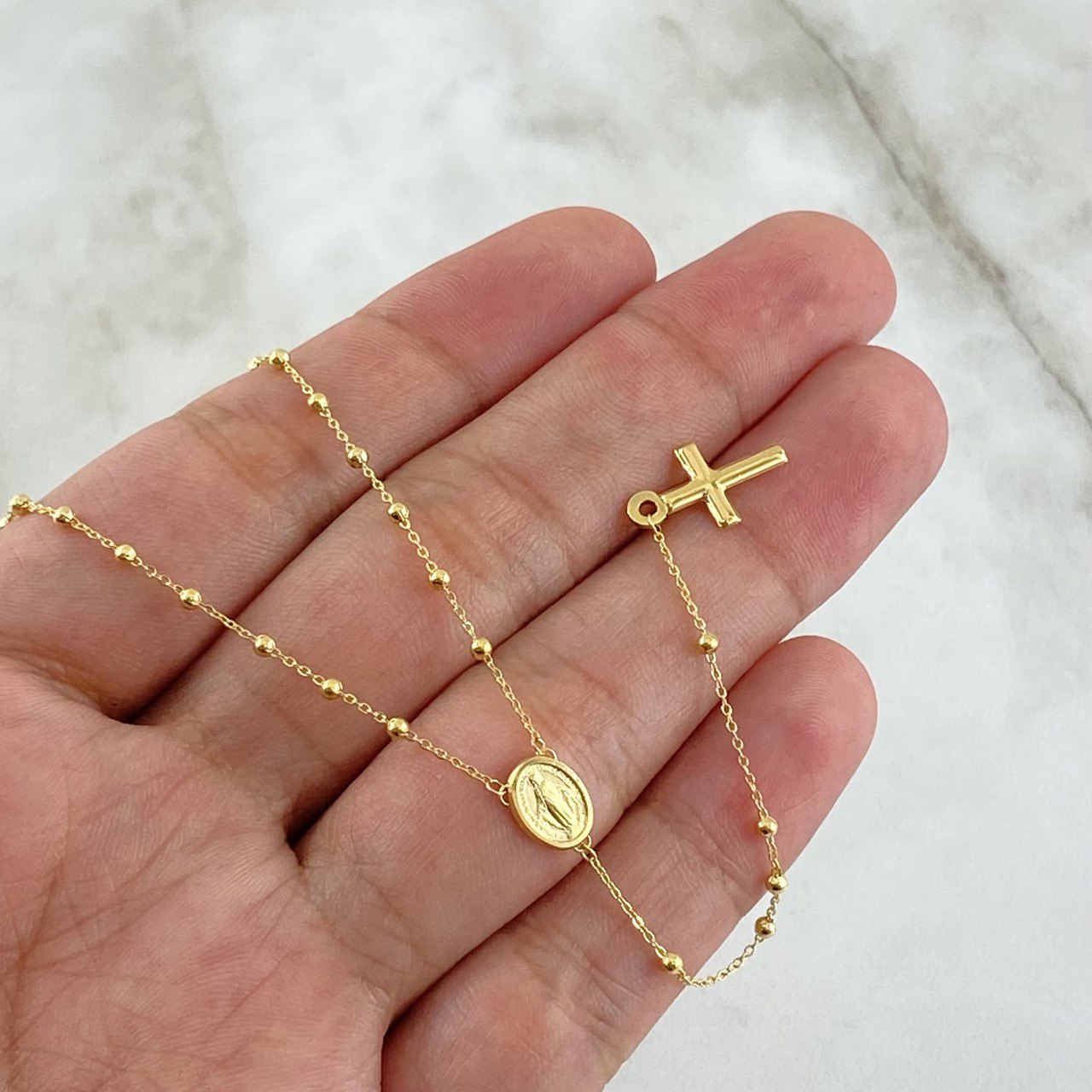 Rosario Virgen Milagrosa 2.75gr / 50cm / 2mm Bolas Lisas Crúz Lisa Oro Amarillo +4 18K