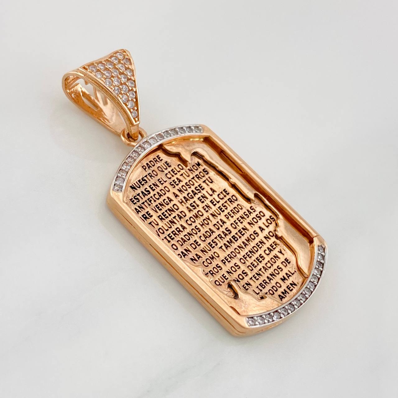 Dije Placa Padre Nuestro 7.6g / 1 1/2 in Dos Oros Blanco Rosa 18K