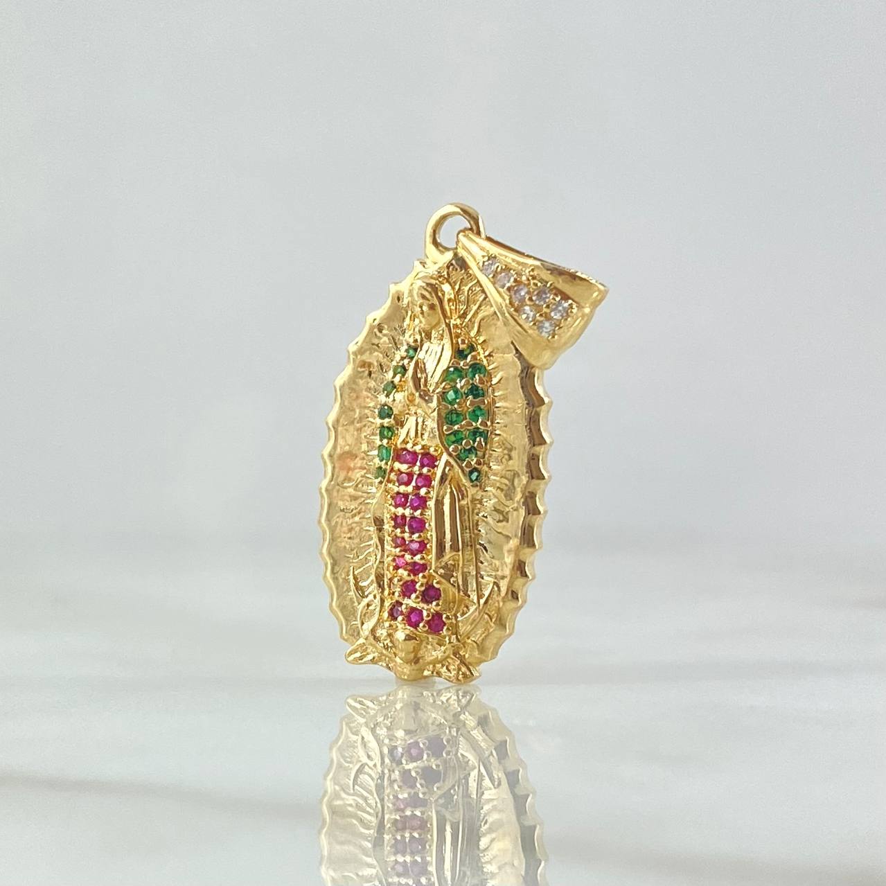 Pendant Virgin Guadalupe 4.15gr / 3.2cm / White Green Fuchsia Zircons 18K Yellow Gold *