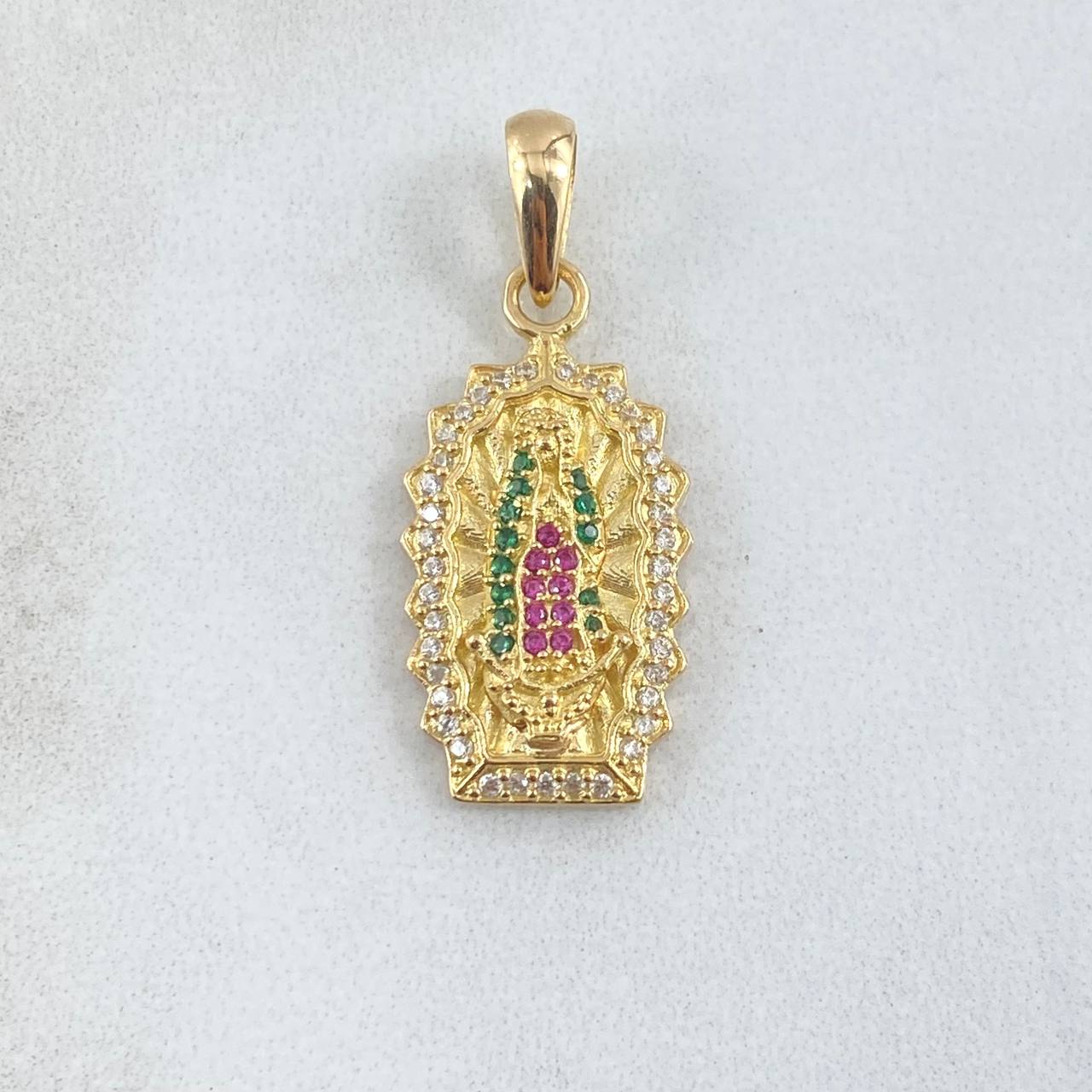 Pendant Virgin Guadalupe Double Silhouette 3.5gr / 3cm / White Green Fuchsia Zircons 18K Yellow Gold ©