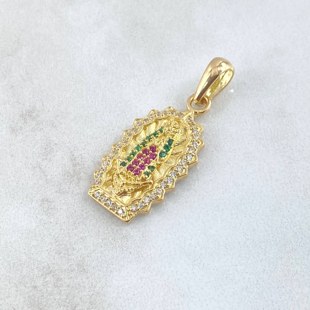 Pendant Virgin Guadalupe Double Silhouette 3.5gr / 3cm / White Green Fuchsia Zircons 18K Yellow Gold *