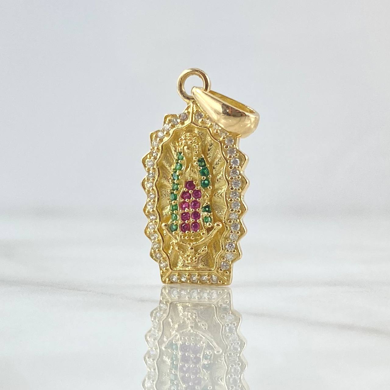 Pendant Virgin Guadalupe Double Silhouette 3.5gr / 3cm / White Green Fuchsia Zircons 18K Yellow Gold ©