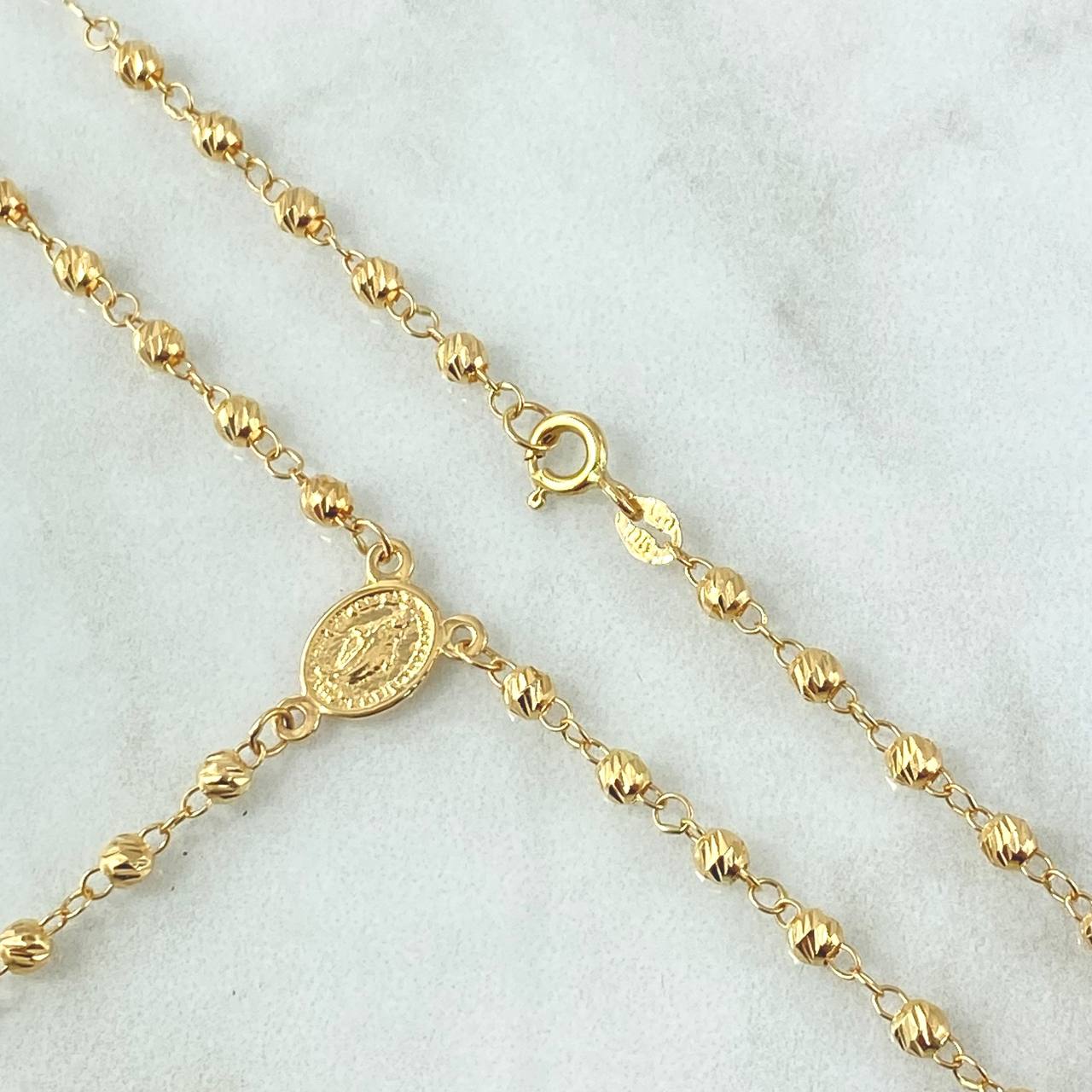 Miraculous Virgin Rosary 6.6gr / 45cm / 3mm-4mm Beads Diamond Cut Christ Cross with Pointed Polished 18K Yellow Gold *