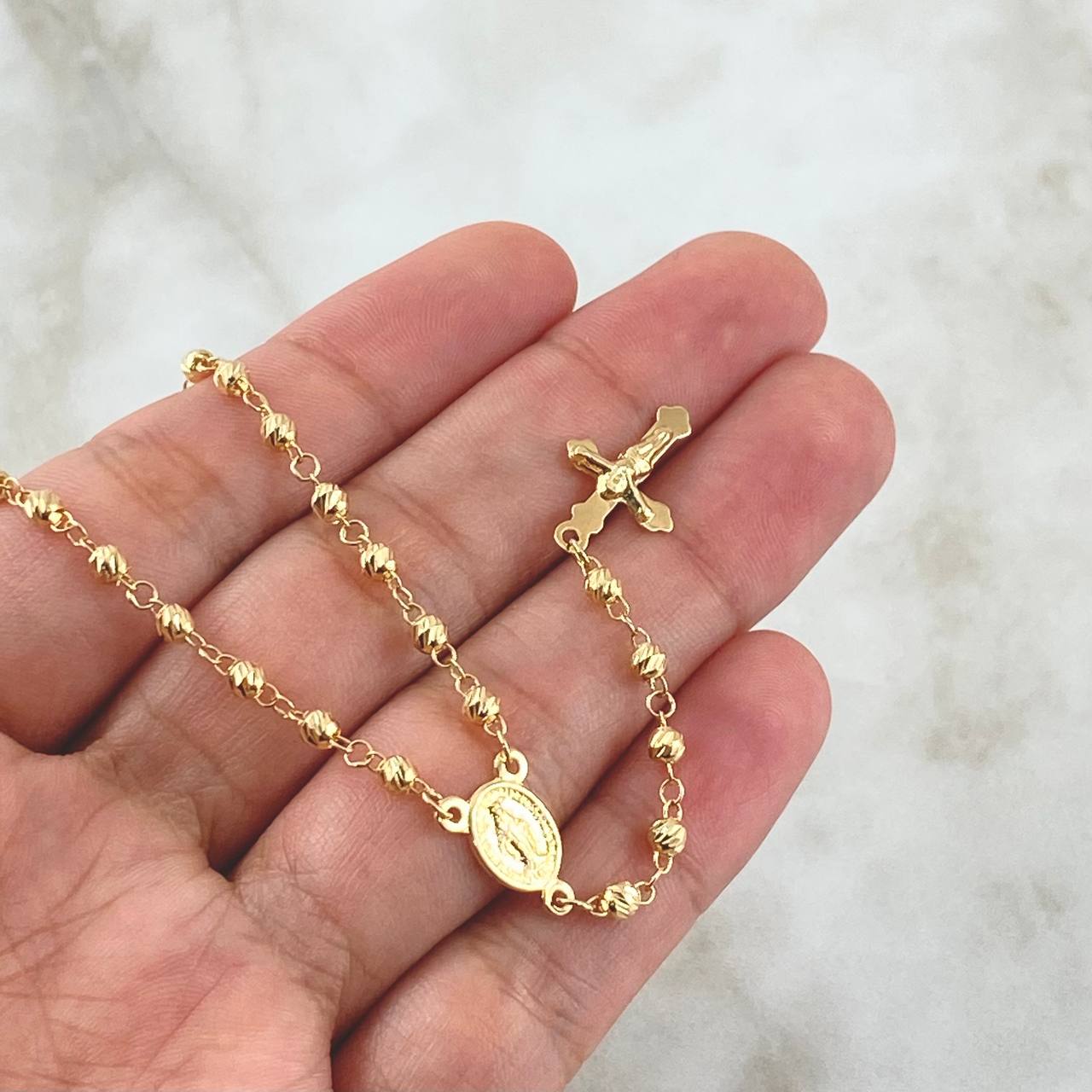 Miraculous Virgin Rosary 6.6gr / 45cm / 3mm-4mm Beads Diamond Cut Christ Cross with Pointed Polished 18K Yellow Gold *