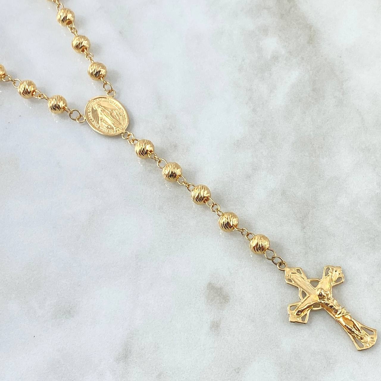 Miraculous Virgin Rosary 24.3gr / 65cm / 6mm-7mm Beads Diamond Cut Filigree Christ Cross 18K Yellow Gold