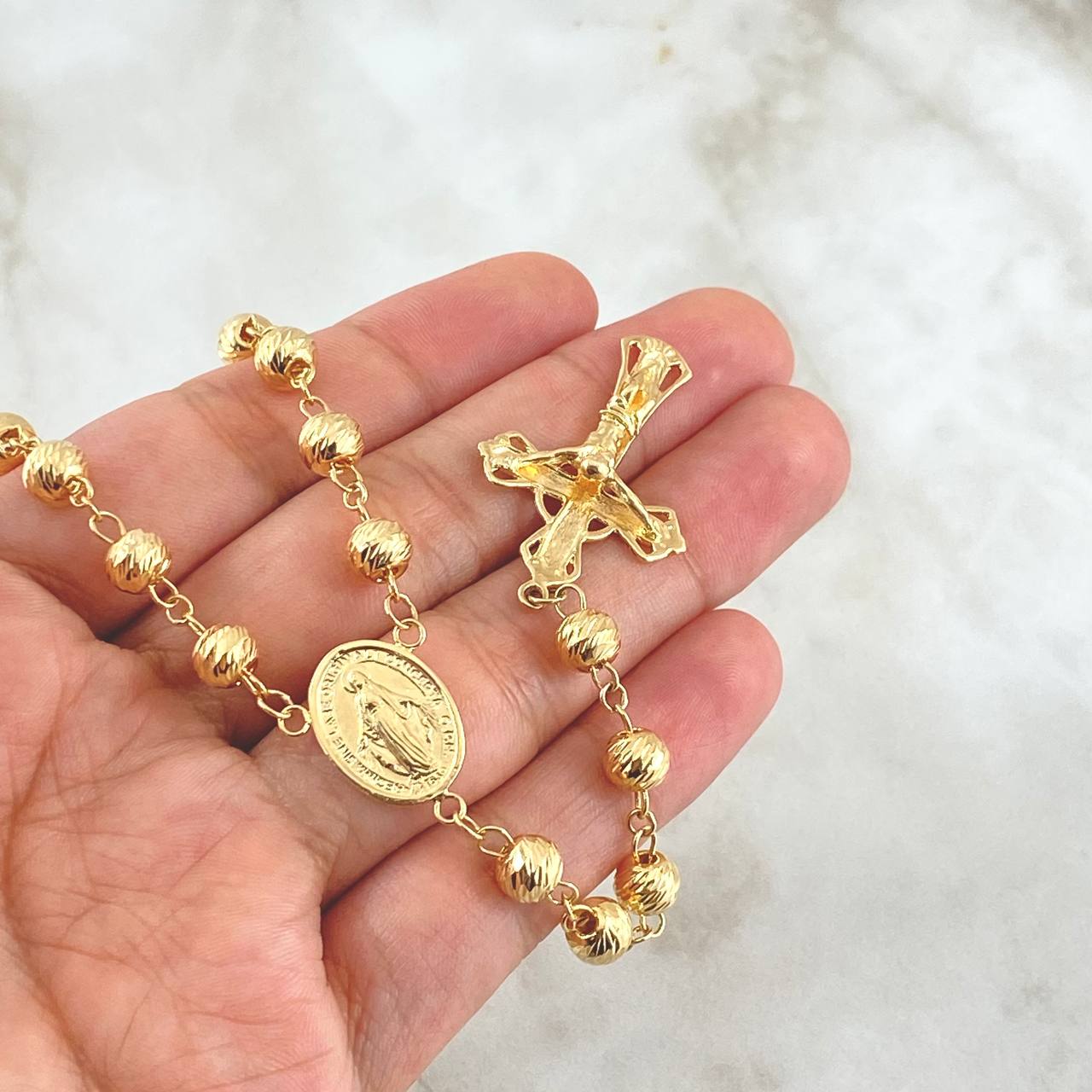 Miraculous Virgin Rosary 24.3gr / 65cm / 6mm-7mm Beads Diamond Cut Filigree Christ Cross 18K Yellow Gold