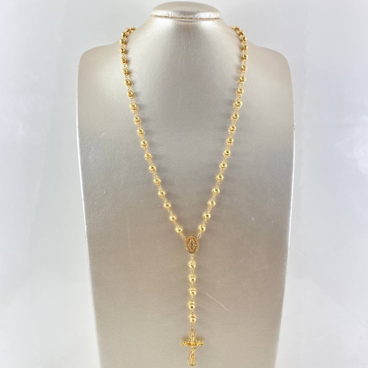 Miraculous Virgin Rosary 24.3gr / 65cm / 6mm-7mm Beads Diamond Cut Filigree Christ Cross 18K Yellow Gold