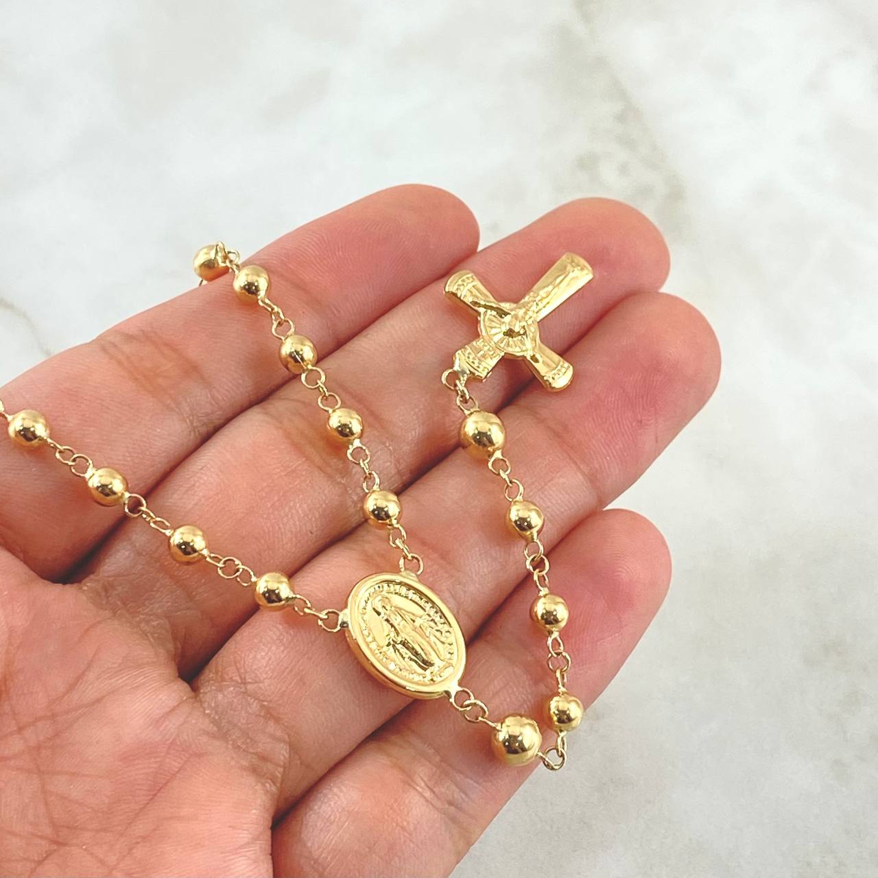 Miraculous Virgin Rosary 9.6gr / 55cm / 4mm-5mm Christ Cross Beveled Edges 18K Yellow Gold ©