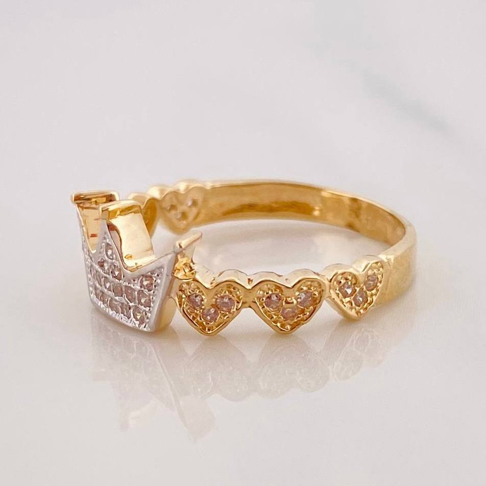 Anillo Corona Corazones 2.9g / T7 Dos Oros Amarillo Blanco 18K