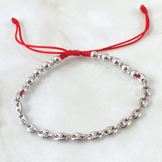 Red Patch Bracelet GC 2.85gr / 3mm-4mm <i>Balls</i> <i>Plain</i> 10 pcs <i>Diamond-cut</i> 8 pcs 18K White Gold ©